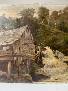 Antique Water Mill Oil on Canvas Painting