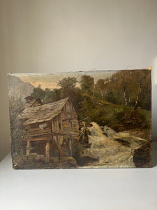 Antique Water Mill Oil on Canvas Painting
