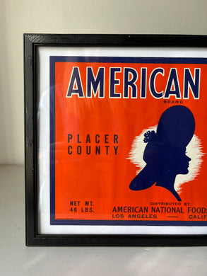 Original framed fruit crate label ‘American Maid mountain pears’