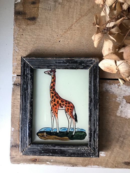 Antique Reverse Glass Painting, Giraffe