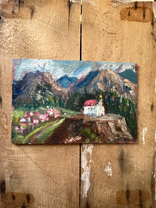 Small Oil on Board Alpine Village Painting