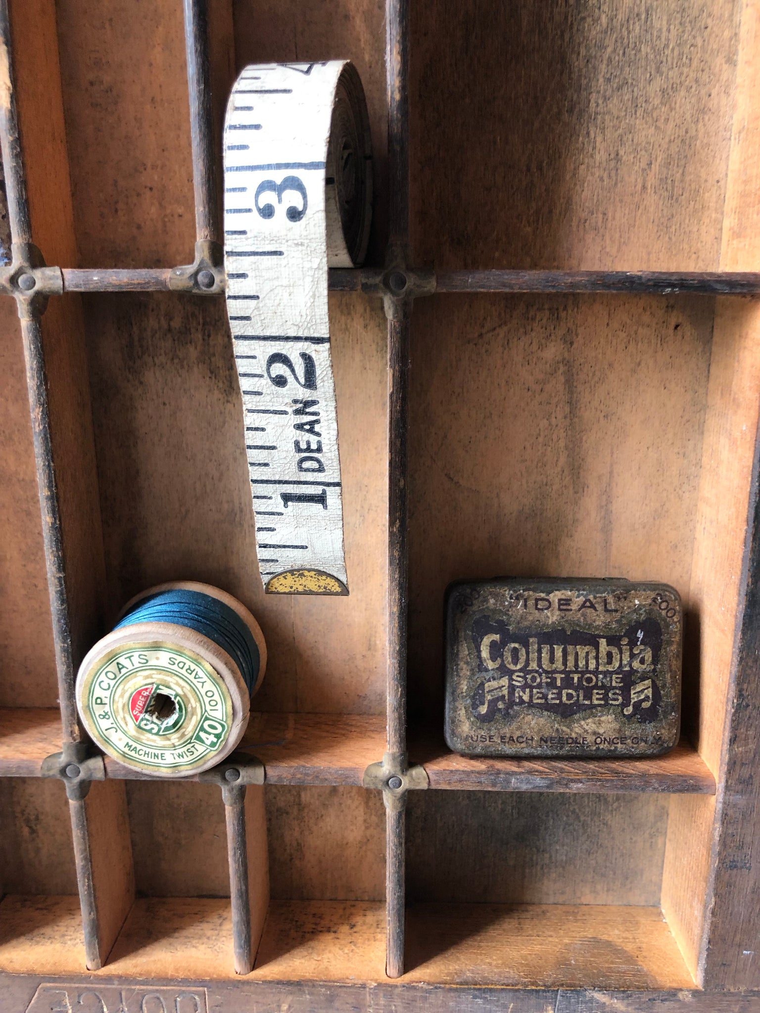 Vintage Sewing Set, Tin, Tape measure, and wooden cotton reel