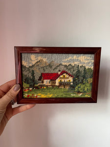 Mid century Framed Tapestry Swiss Cabin Landscape