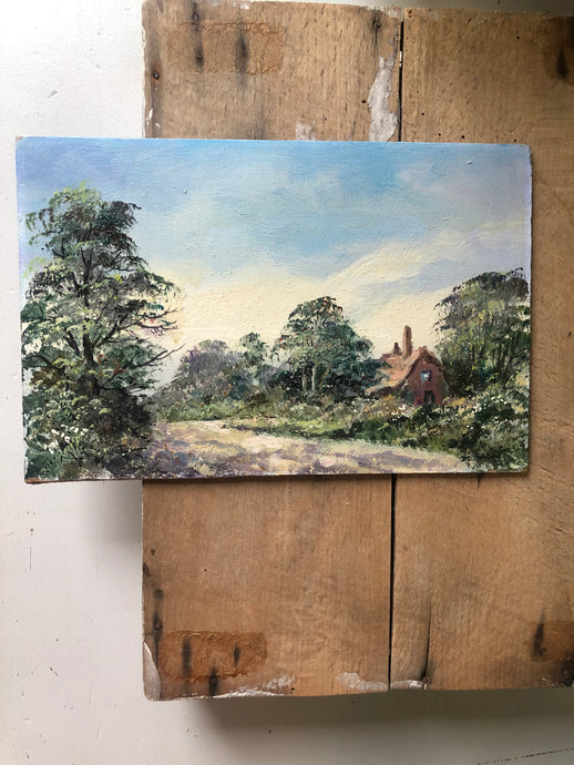 Vintage Countryside Cottage Painting on Board