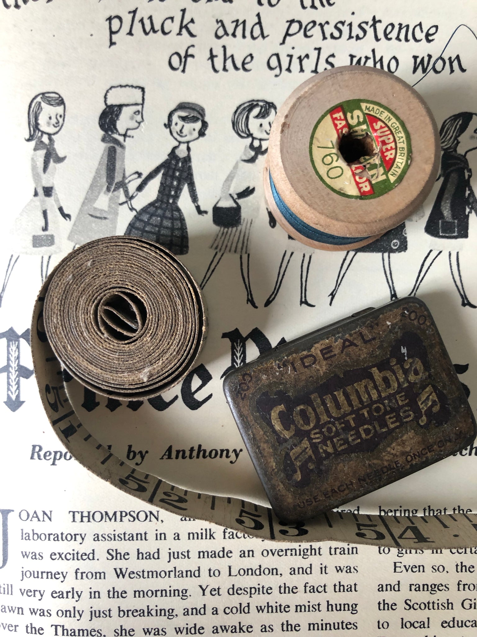 Vintage Sewing Set, Tin, Tape measure, and wooden cotton reel – Lost and  loved
