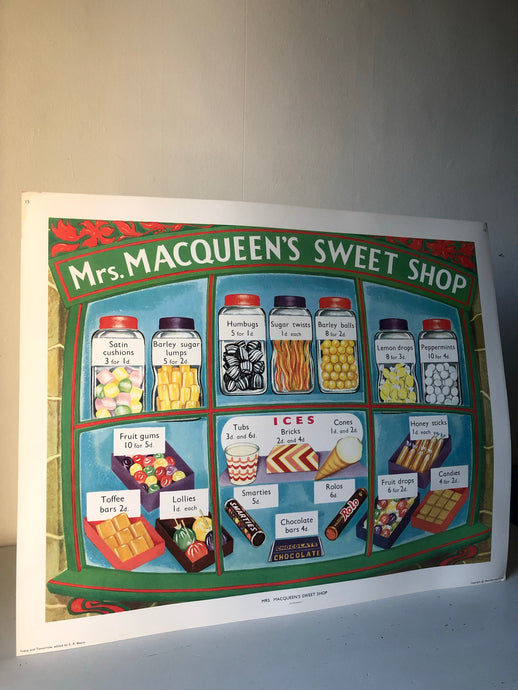 Original 1950s School Poster, ‘Mrs MacQueen's Sweet Shop'