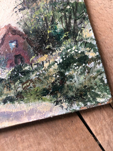 Vintage Countryside Cottage Painting on Board