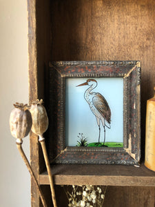 Antique Reverse Glass Painting, Heron