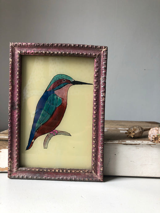 Antique Reverse Glass Painting, Kingfisher