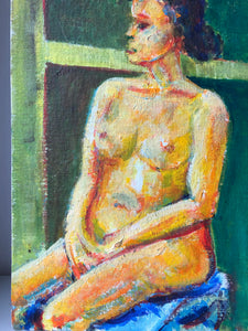 Vintage Oil Painting on Board, Nude Woman Sitting