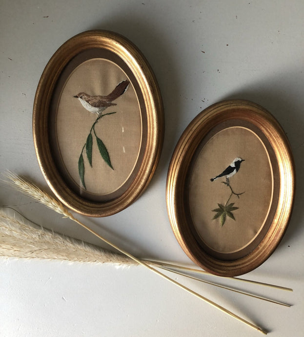 Pair of Framed Vintage Bird Embroidery