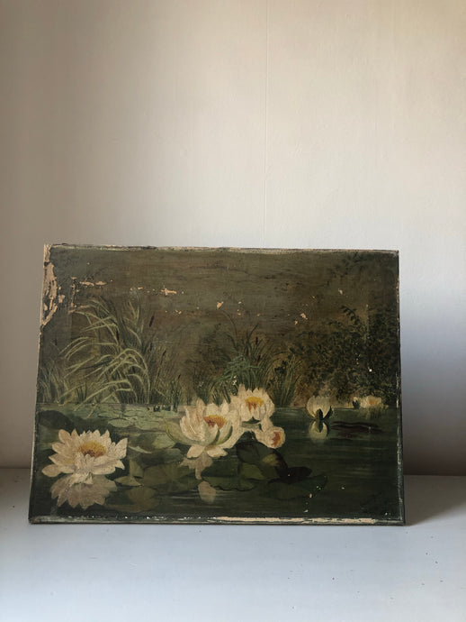 Antique Painting On Canvas, Lily Pond