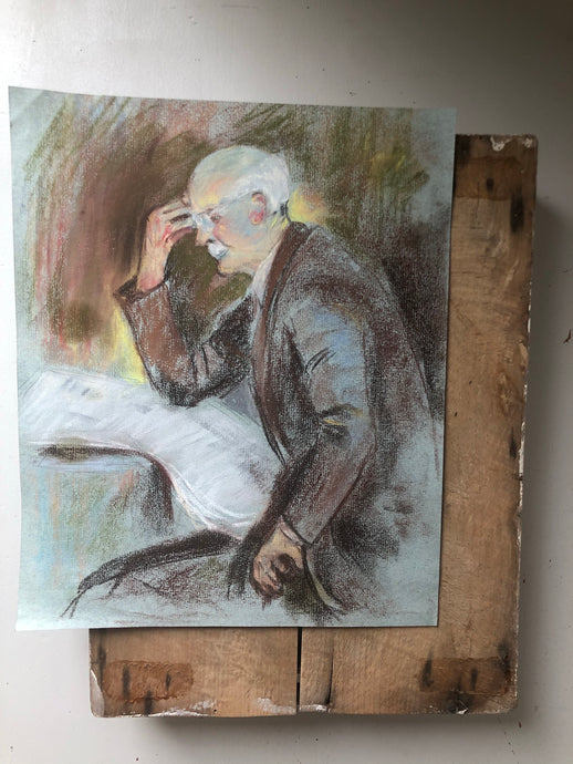 Vintage Portrait of Man Reading Newspaper, Pastel study