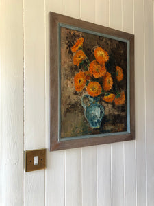 Vintage Framed Oil on Board Painting, Marigolds