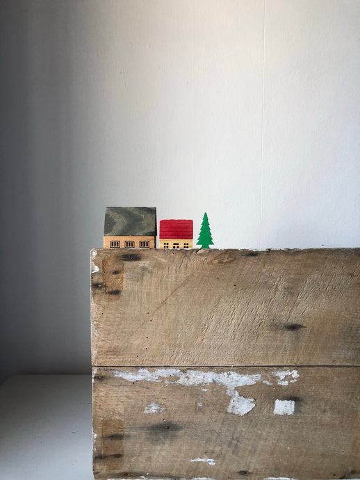 Vintage Wooden Christmas Village Set, Blue & Red House