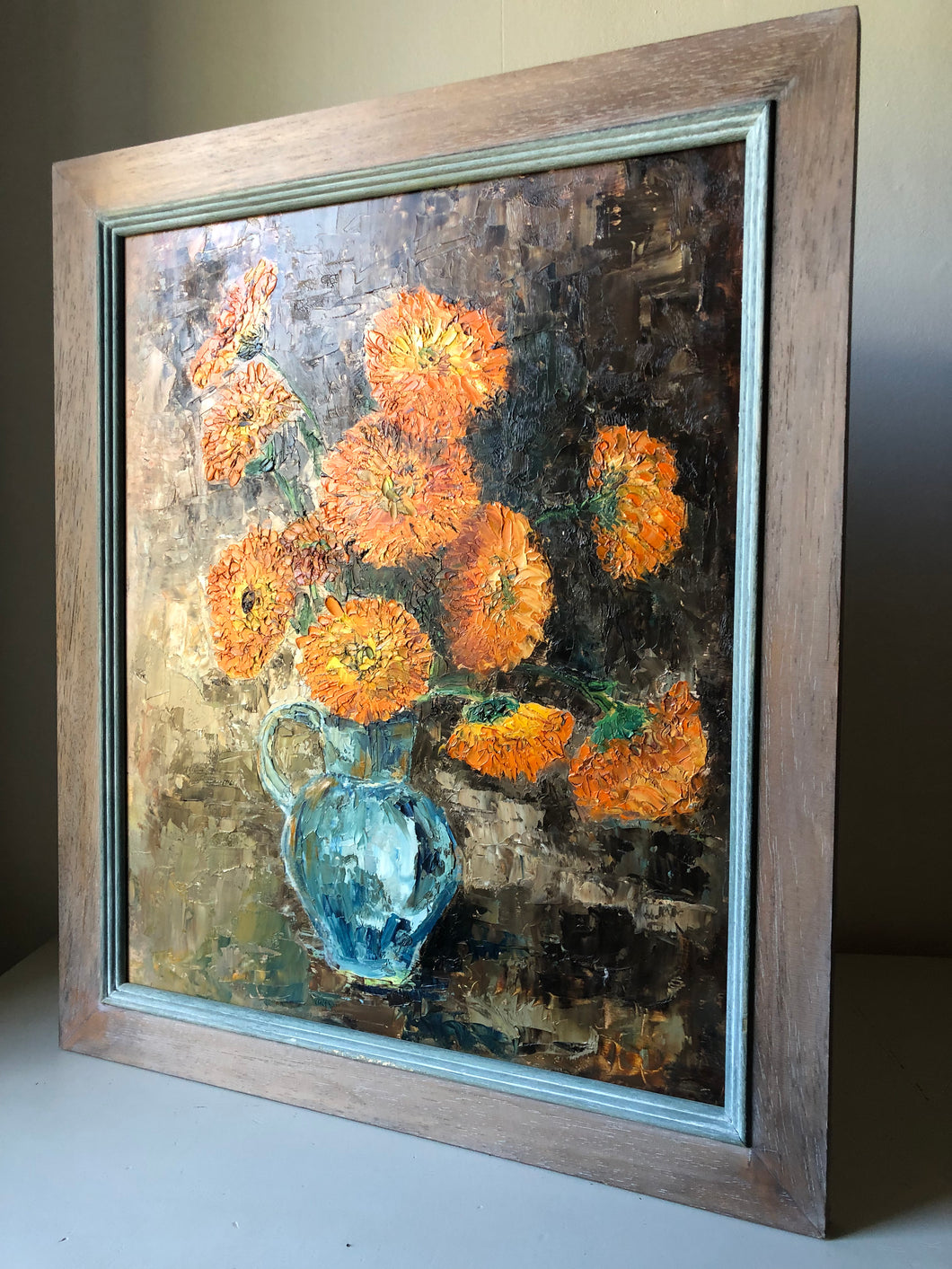 Vintage Framed Oil on Board Painting, Marigolds