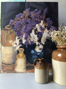 Vintage Oil on Board Still Life Painting ft Stoneware