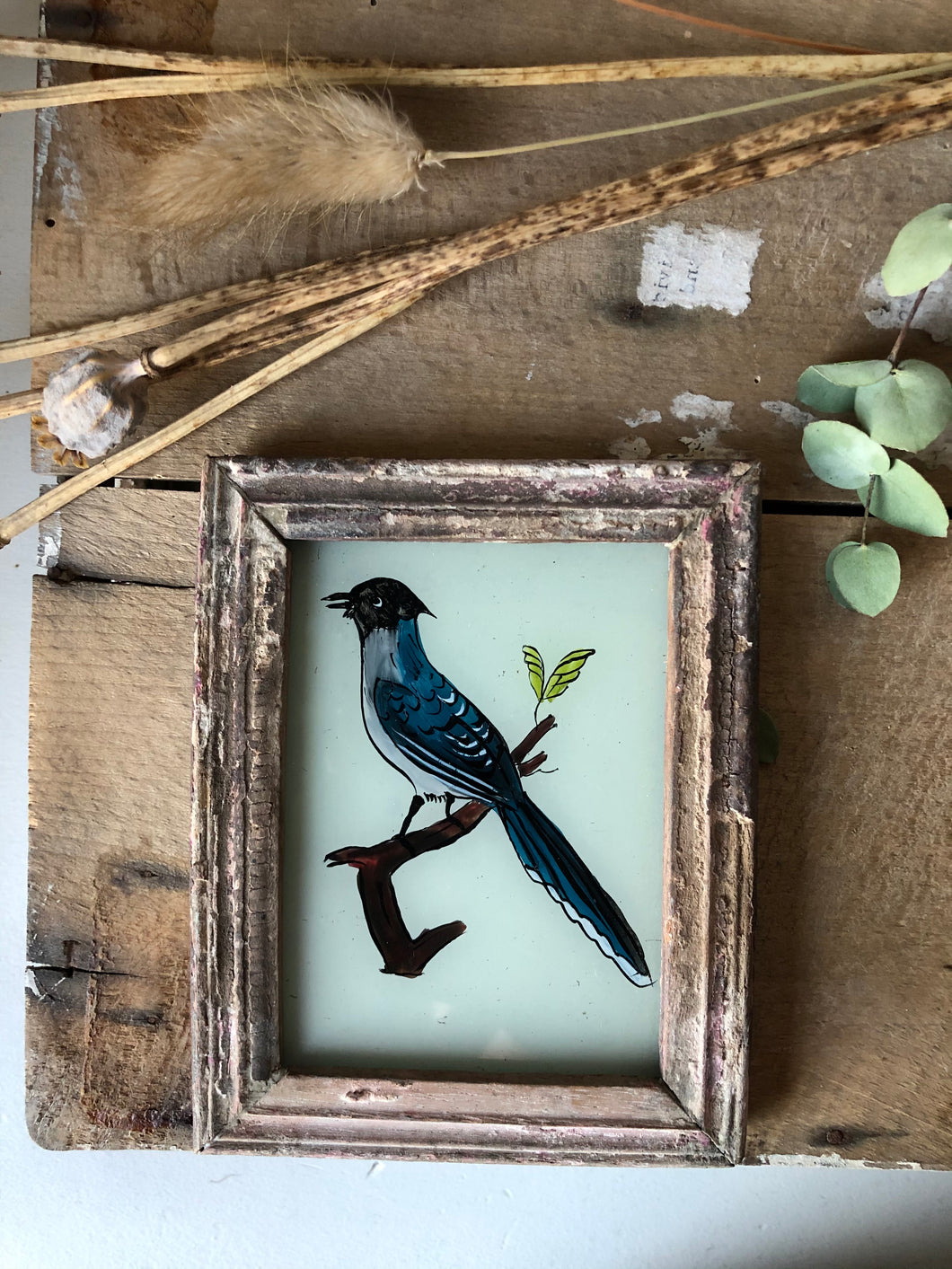 Antique Reverse Glass Painting, Bird