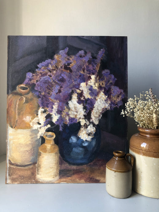 Vintage Oil on Board Still Life Painting ft Stoneware