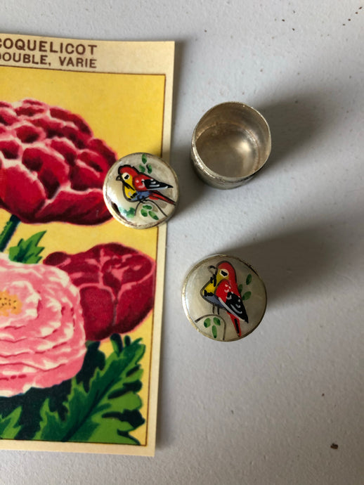 Vintage Silver Pot with Painted Bird Lid