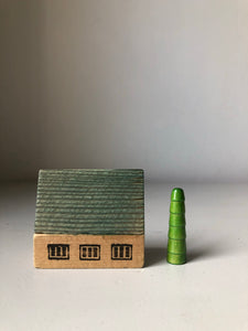 1950s Wooden House Set, Blue House with Tree