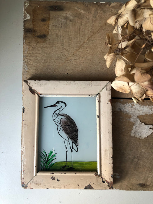 Antique Reverse Glass Painting, Heron