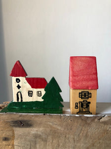 Vintage Wooden Christmas Village Set, Church & House