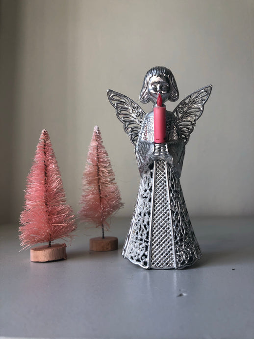 Kitsch Standing Silver Angel with Pink Candle