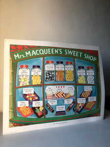 Original 1950s School Poster, ‘Mrs MacQueen's Sweet Shop'
