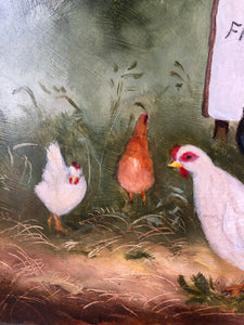 Vintage Chickens / Farm painting on board