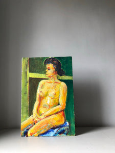 Vintage Oil Painting on Board, Nude Woman Sitting
