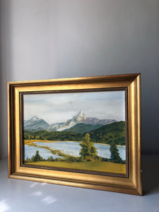 Framed Oil on board painting, Mountain scene