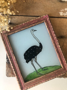 Antique Reverse Glass Painting, Ostrich