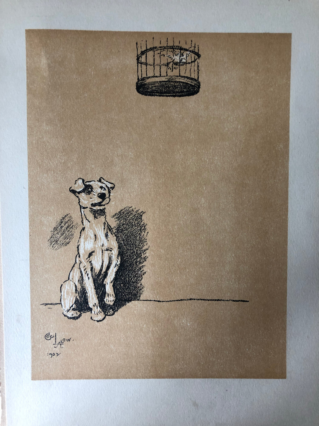 Original Cecil Aldin Dog Bookplate, Birdcage