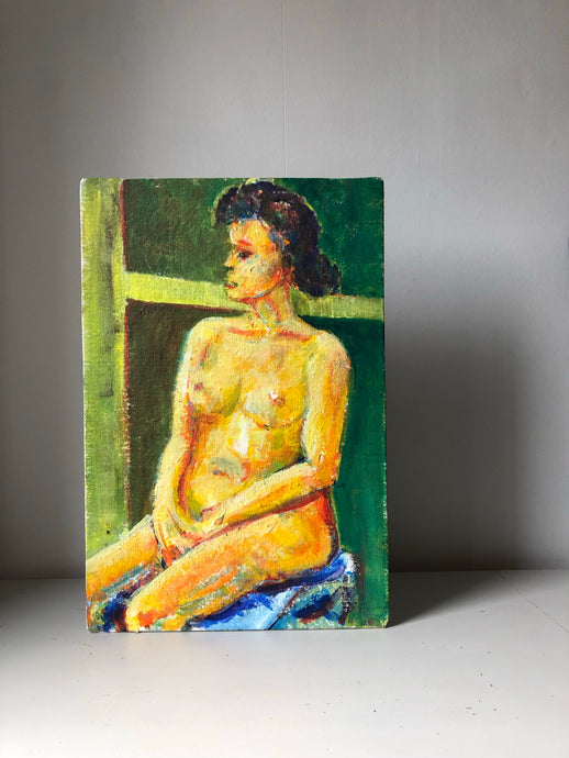 Vintage Oil Painting on Board, Nude Woman Sitting