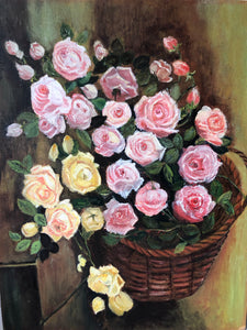Vintage Oil Painting, Flowers In Basket