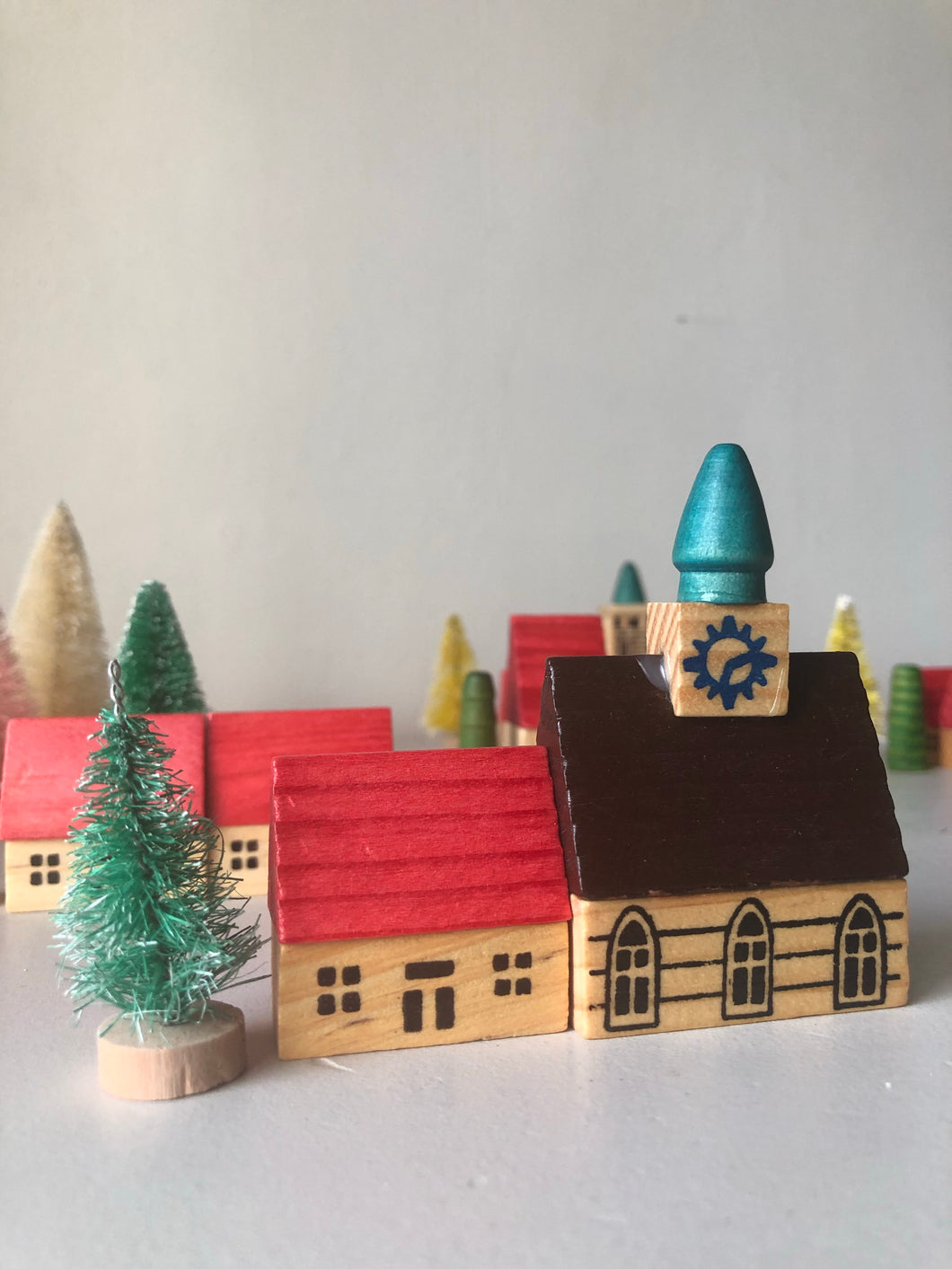 1950s German Wooden Christmas Village Set, Clocktower