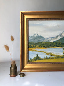 Framed Oil on board painting, Mountain scene