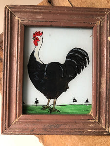 Antique Reverse Glass Painting, Cockerel