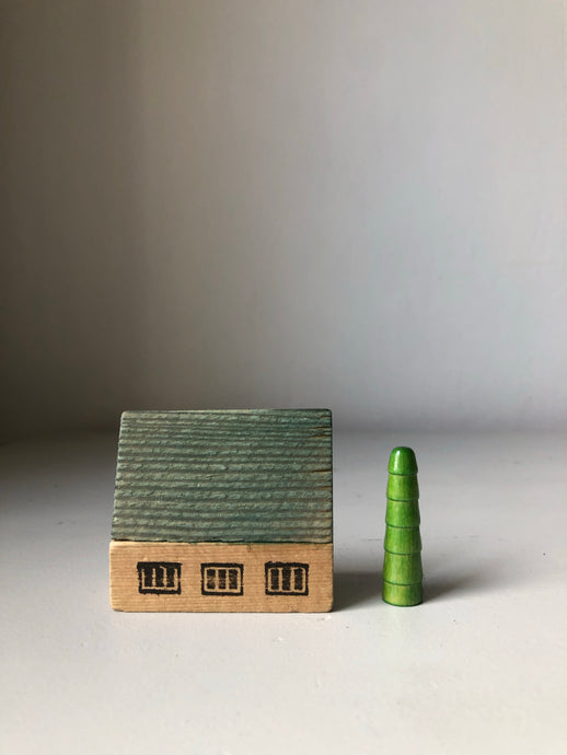 1950s Wooden House Set, Blue House with Tree