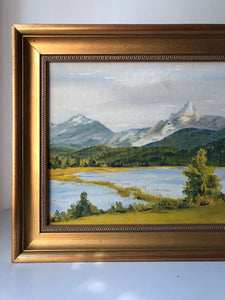 Framed Oil on board painting, Mountain scene