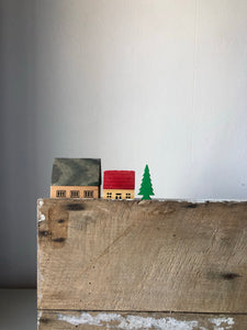 Vintage Wooden Christmas Village Set, Blue & Red House