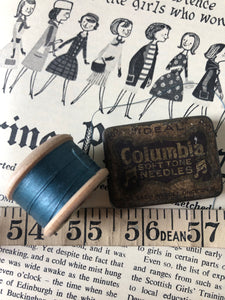 Vintage Sewing Set, Tin, Tape measure, and wooden cotton reel