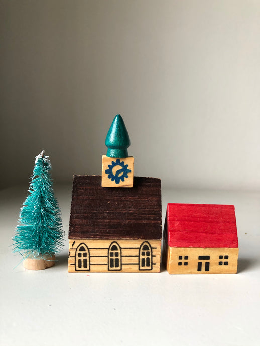 1950s German Wooden Christmas Village Set, Clocktower